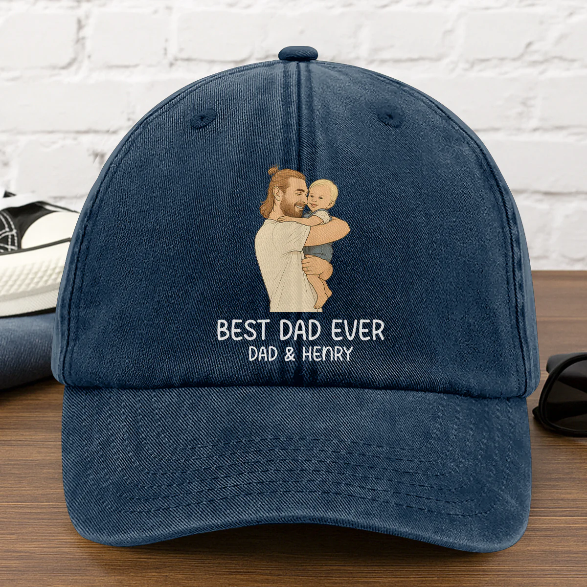 Hand drawn Line Art Picture Grandpa/Dad - Personalized Vintage Washed Denim Cap