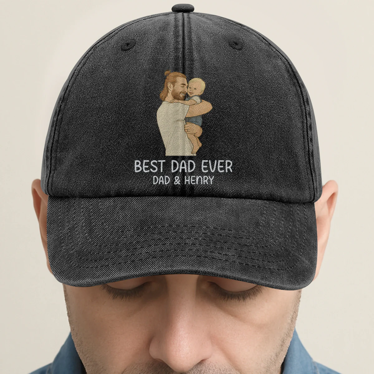 Hand drawn Line Art Picture Grandpa/Dad - Personalized Vintage Washed Denim Cap - Image 2