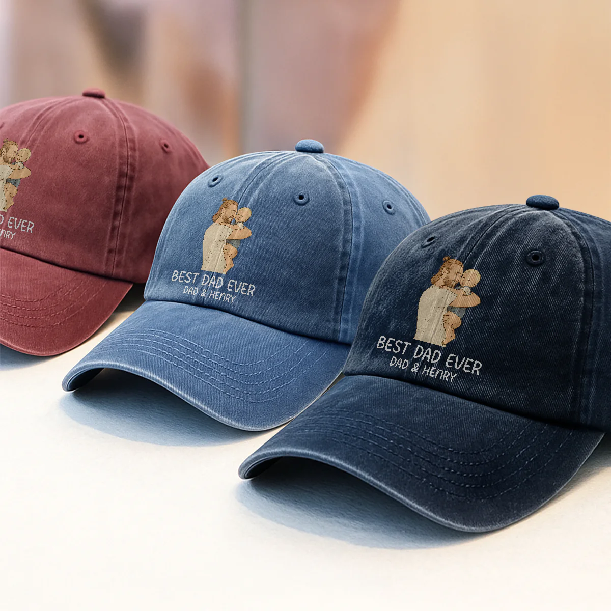Hand drawn Line Art Picture Grandpa/Dad - Personalized Vintage Washed Denim Cap - Image 3