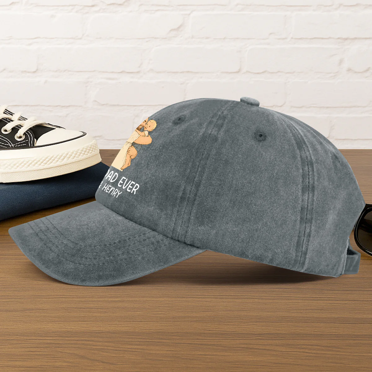 Hand drawn Line Art Picture Grandpa/Dad - Personalized Vintage Washed Denim Cap - Image 4