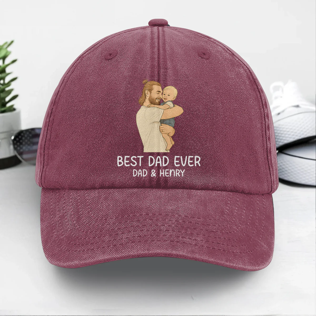 Hand drawn Line Art Picture Grandpa/Dad - Personalized Vintage Washed Denim Cap - Image 5