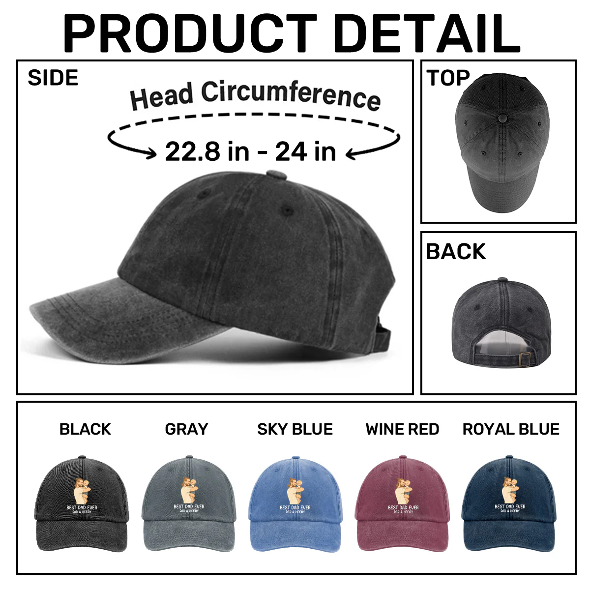 Hand drawn Line Art Picture Grandpa/Dad - Personalized Vintage Washed Denim Cap - Image 6