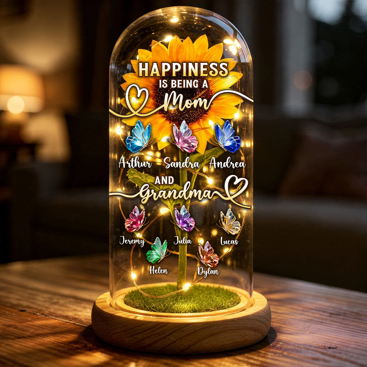Happiness Is Being A Mom And Grandma - Personalized Sunflower Dome Lamp
