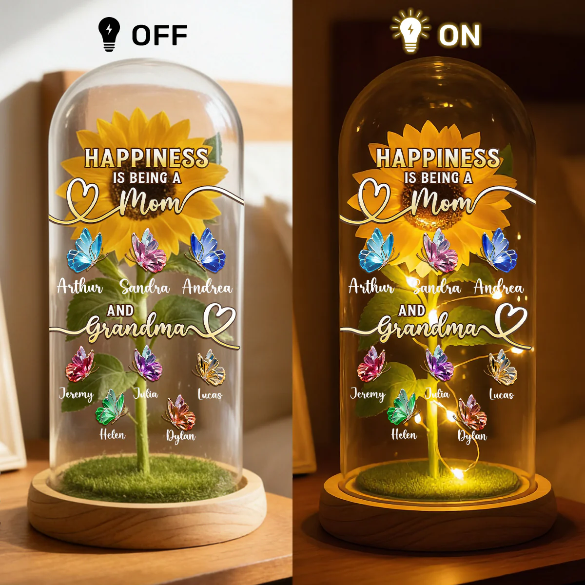 Happiness Is Being A Mom And Grandma - Personalized Sunflower Dome Lamp - Image 6