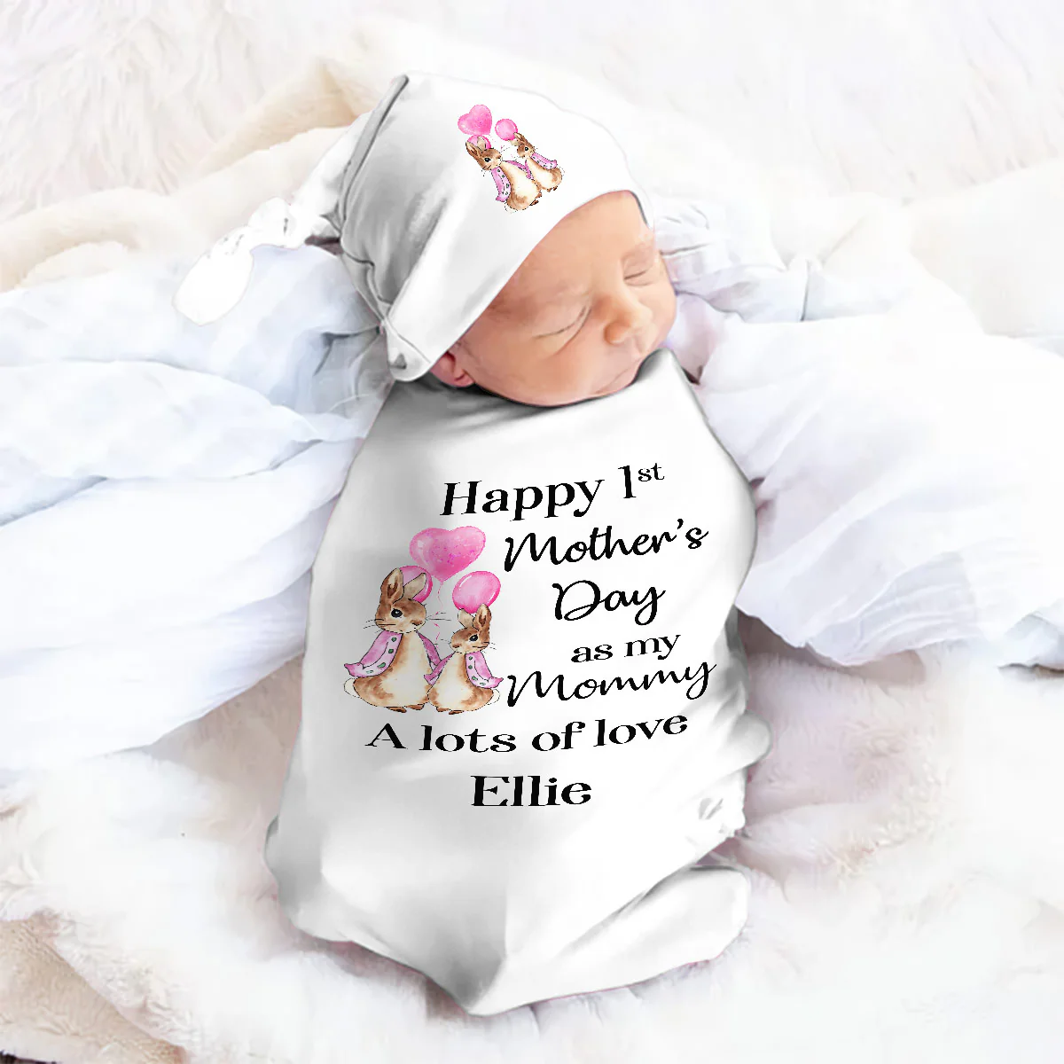 Happy First Mother's Day As My Mommy - Personalized Swaddle And Knot Hat Set - Image 2