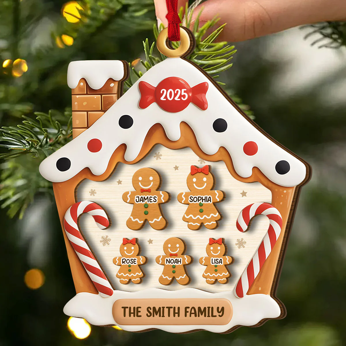 Happy Gingerbread Family - Personalized 2-Layered Wooden Ornament - Image 2