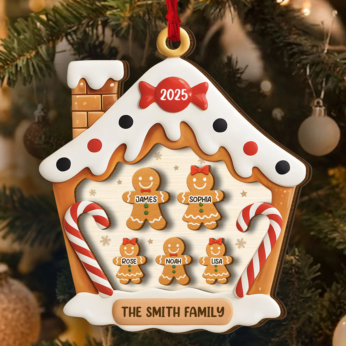 Happy Gingerbread Family - Personalized 2-Layered Wooden Ornament - Image 4