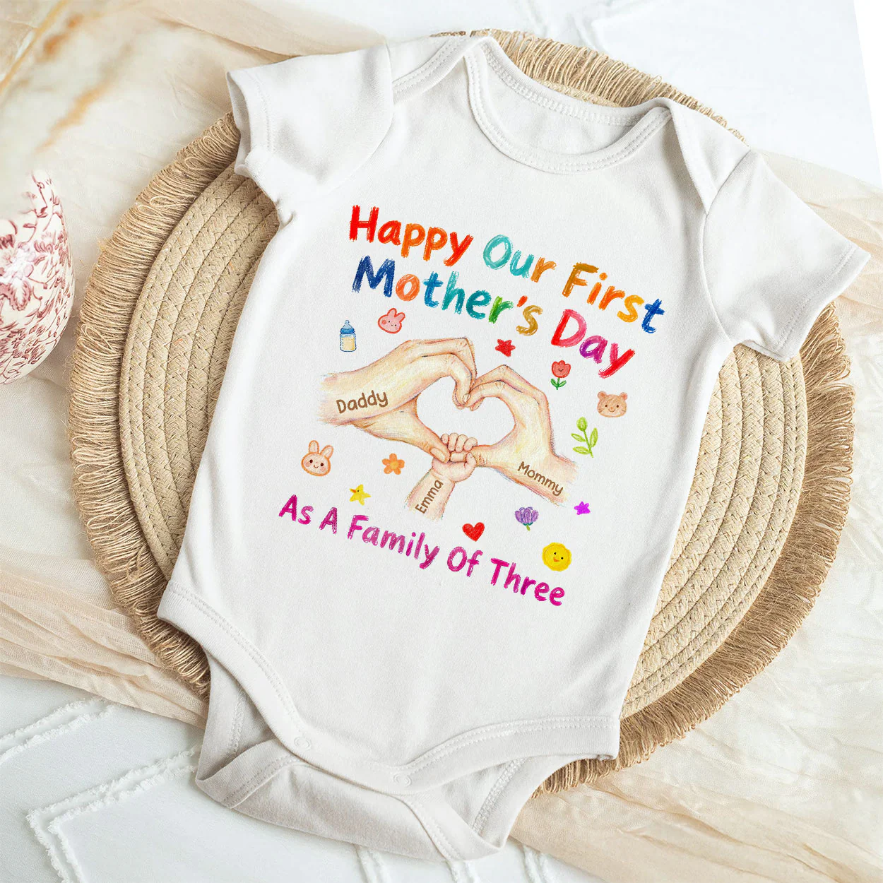 Happy Our First Mother's Day As A Family Of Three - Personalized Baby Onesie - Image 4
