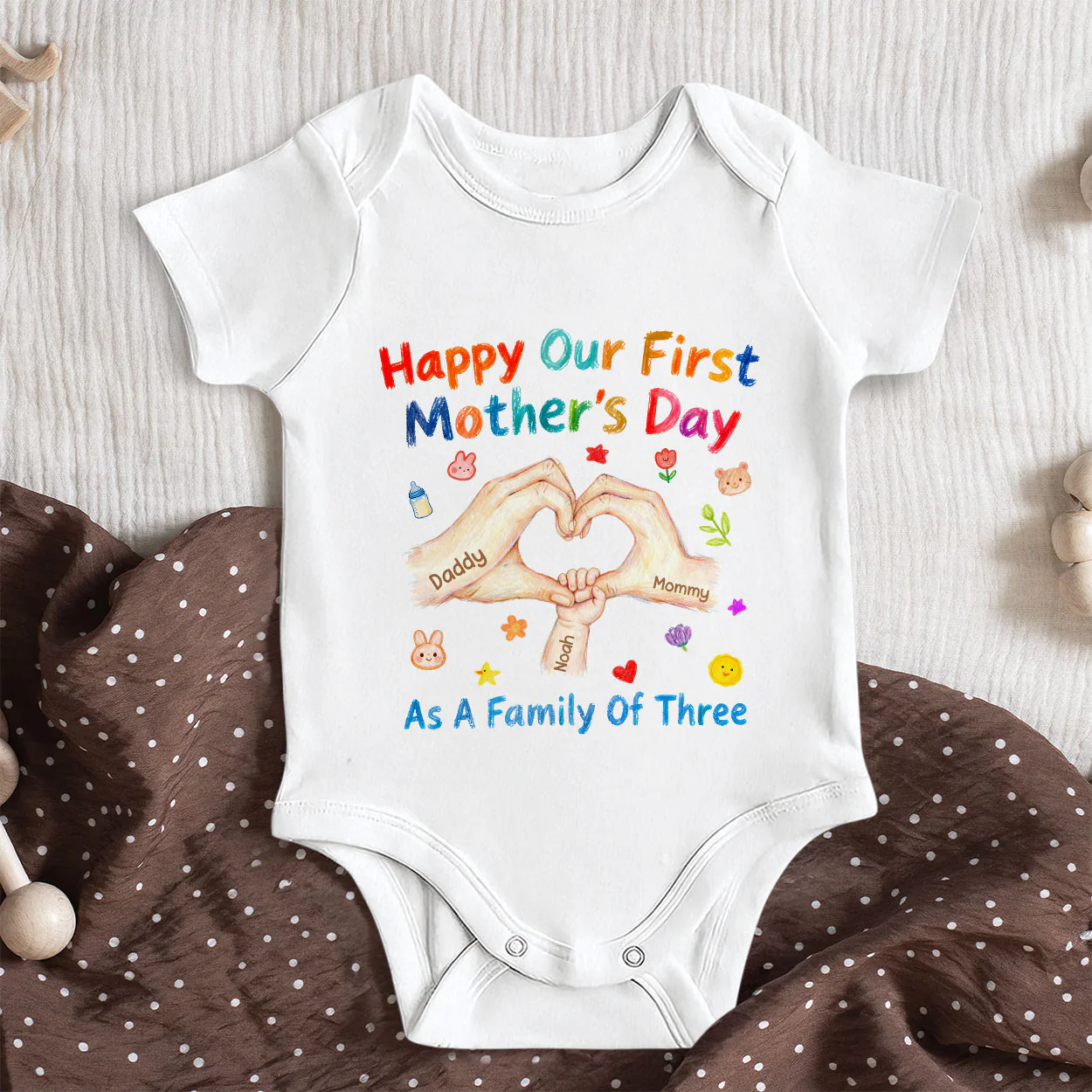 Happy Our First Mother's Day As A Family Of Three - Personalized Baby Onesie - Image 5