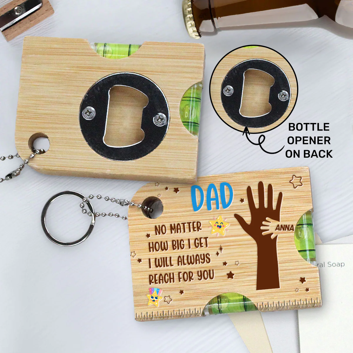 Held By Your Hands, Guided By Your Love - Personalized Spirit Level Bottle Opener Keyring