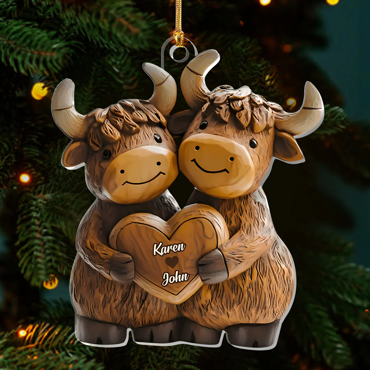 Highland Cowl Couple - Personalized 1-Layer Acrylic Ornament - Image 3