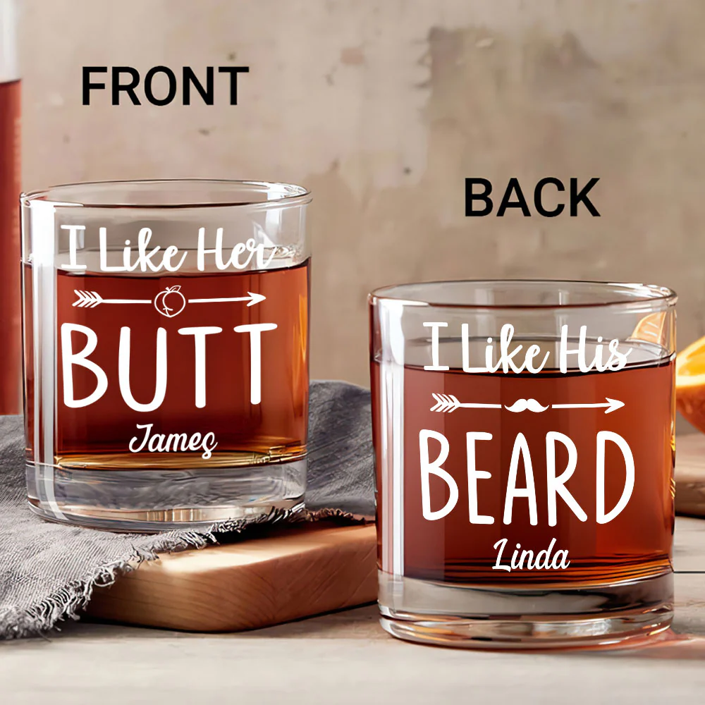 His Beard, Her Butt - Personalized Round Whiskey Glass - Image 2