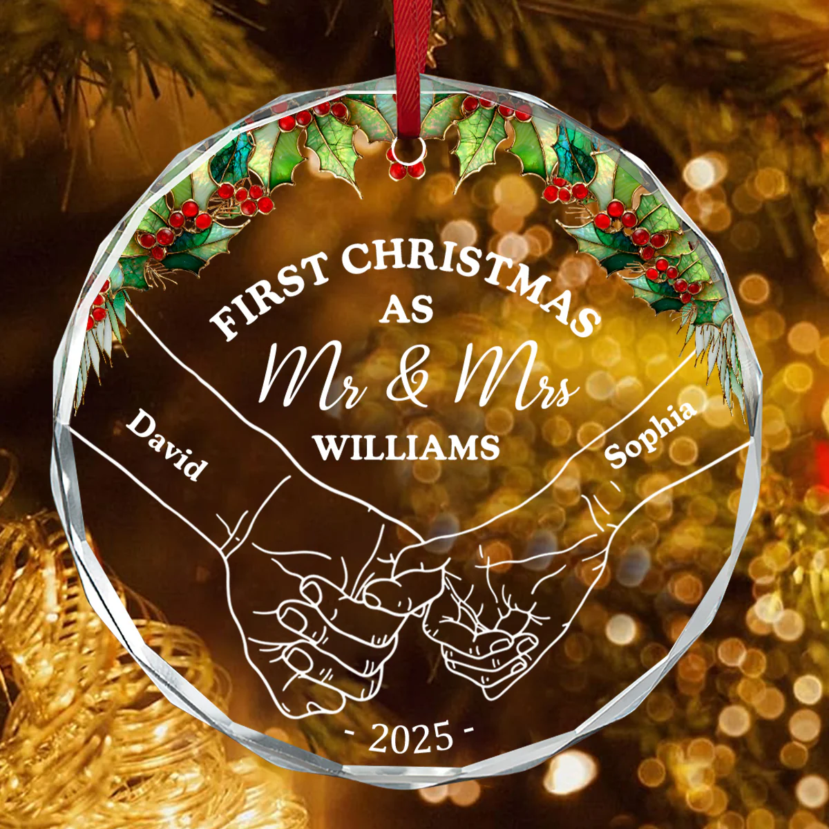 Holding Hands First Christmas Couple - Personalized Round Shaped Glass Ornament - Image 4
