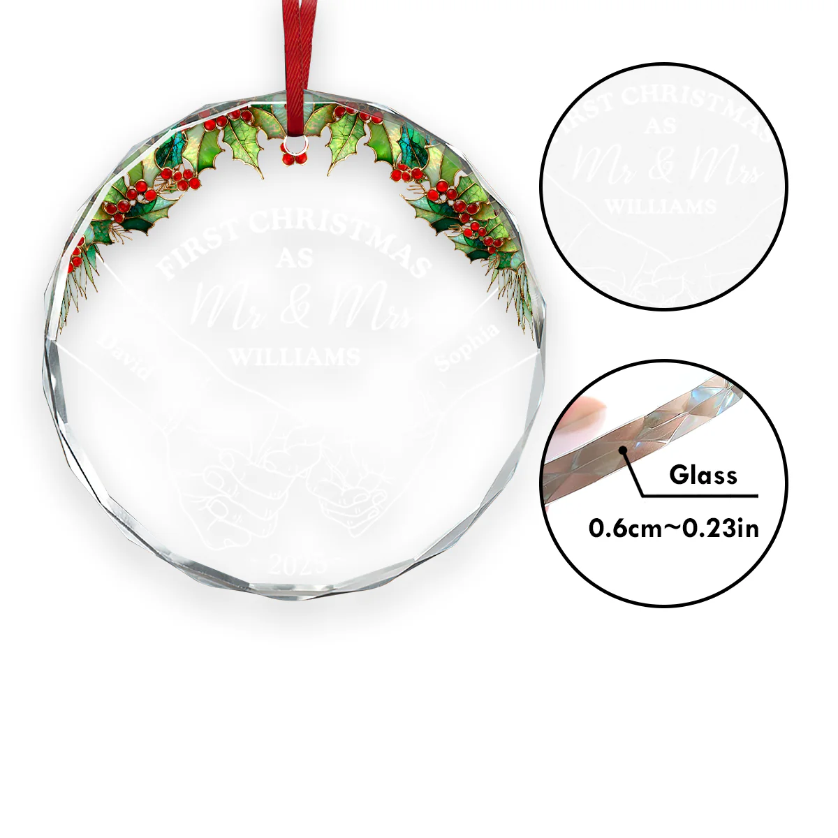 Holding Hands First Christmas Couple - Personalized Round Shaped Glass Ornament - Image 5