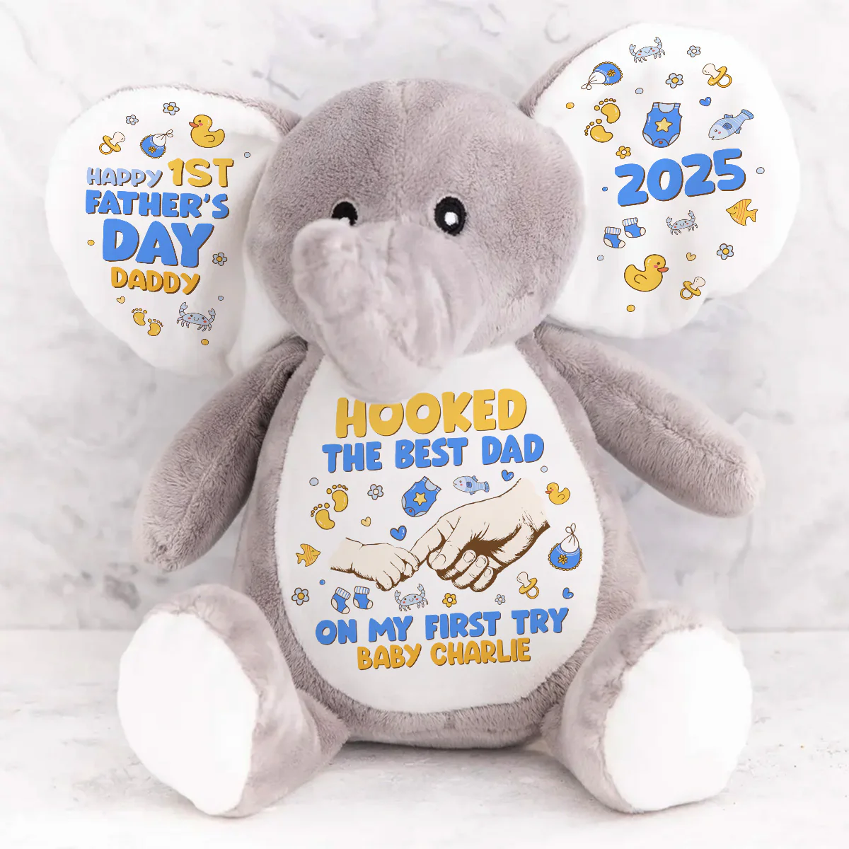 Hooked The Best Dad On My First Try - Personalized Stuffed Elephant