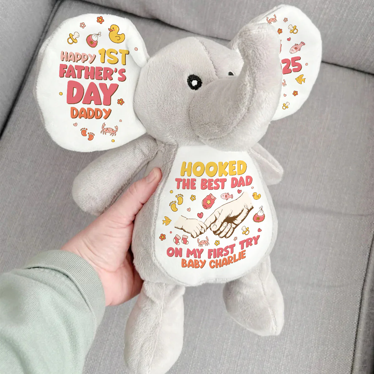 Hooked The Best Dad On My First Try - Personalized Stuffed Elephant - Image 3