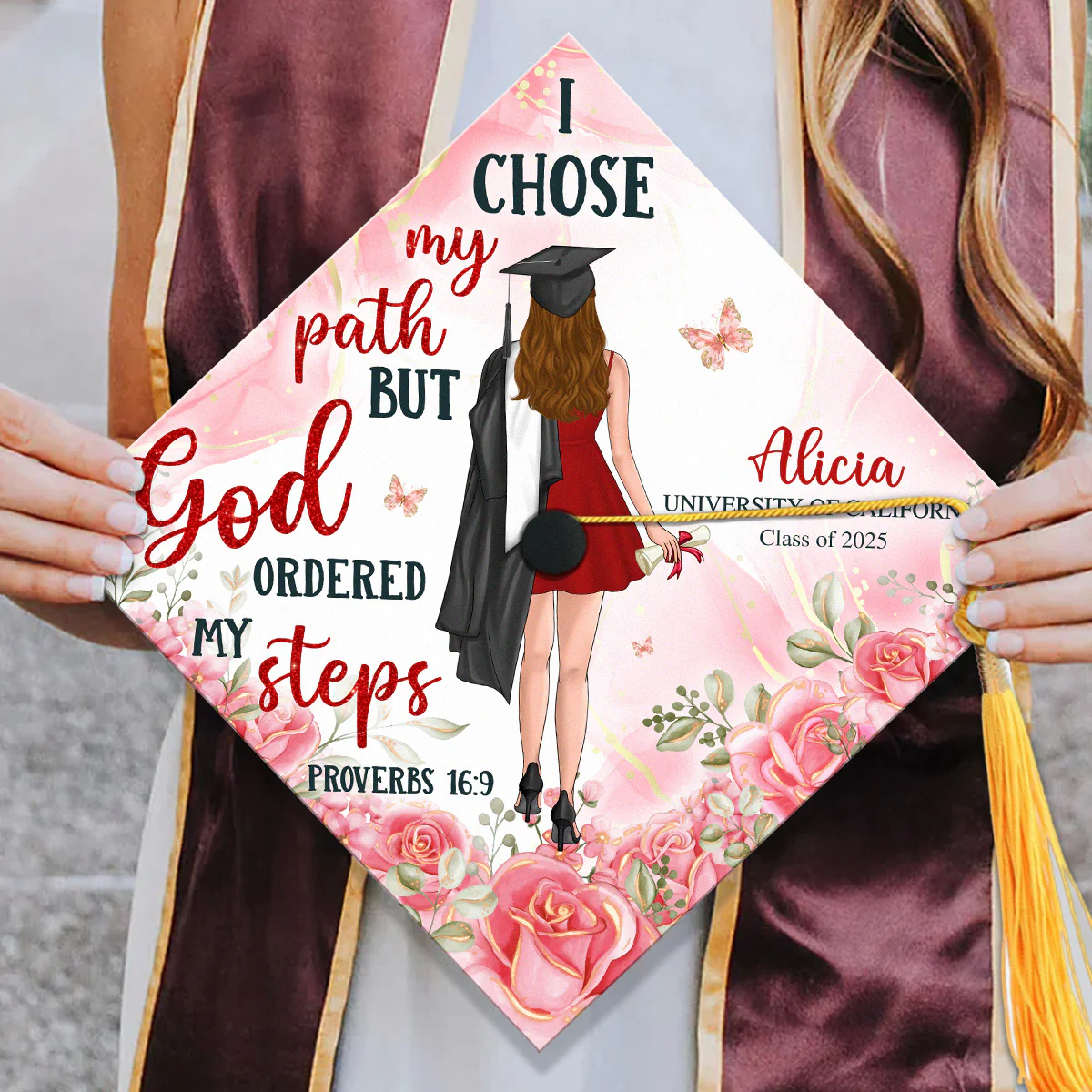 I Chose My Path But God Ordered My Step - Personalized Graduation Cap Topper - Image 3