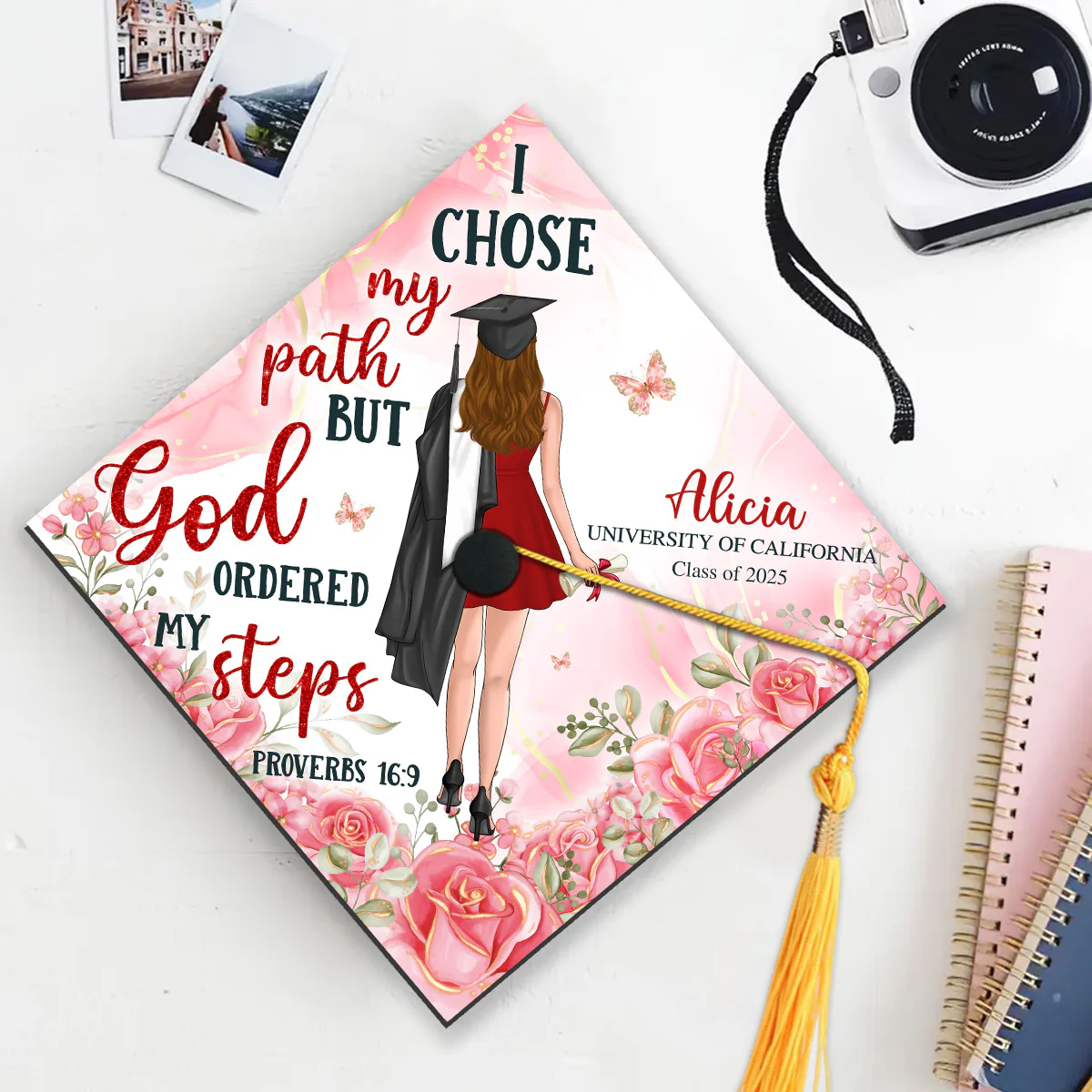 I Chose My Path But God Ordered My Step - Personalized Graduation Cap Topper - Image 4