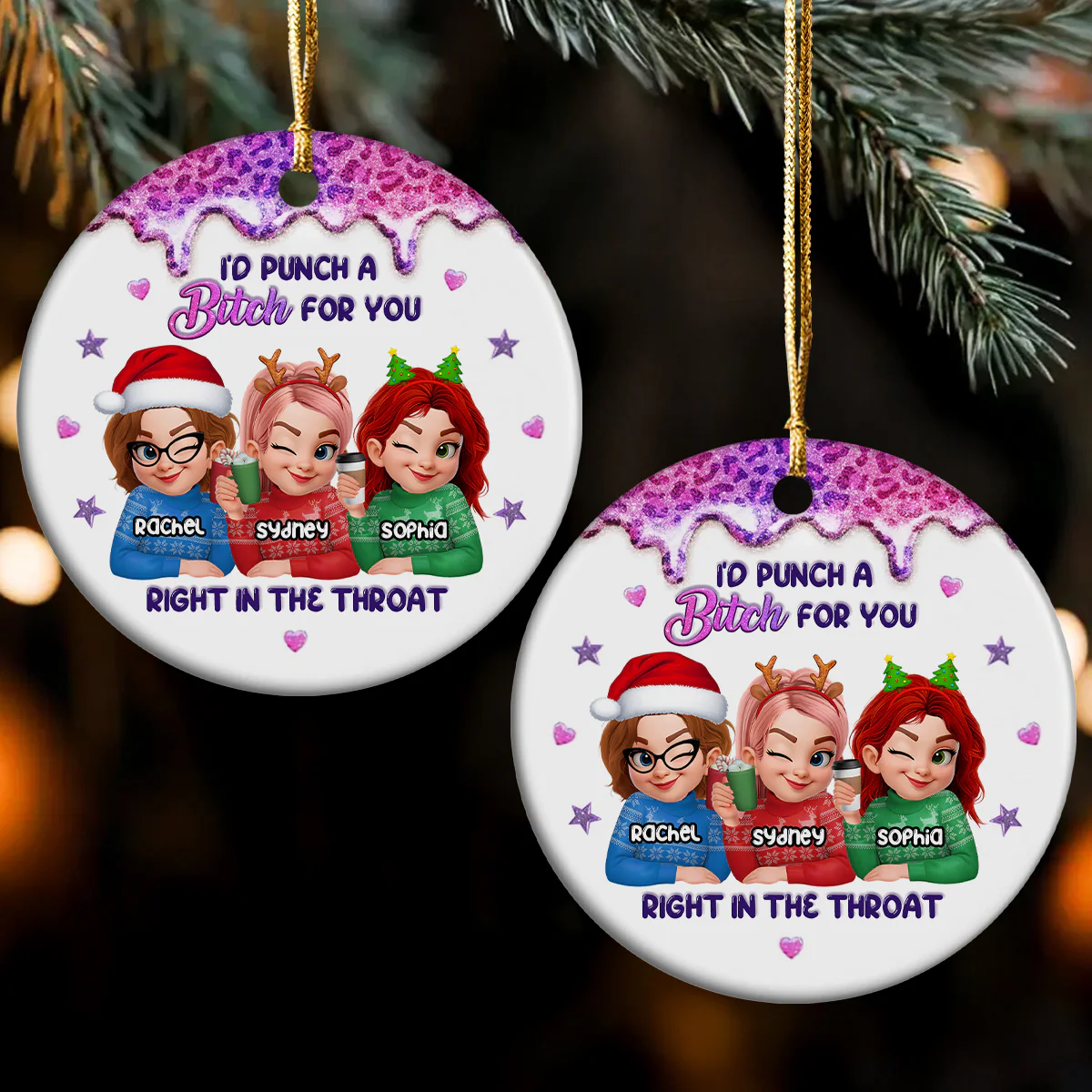 I'd Punch A Bitch For You - Personalized Round Shaped Ceramic Ornament - Image 2