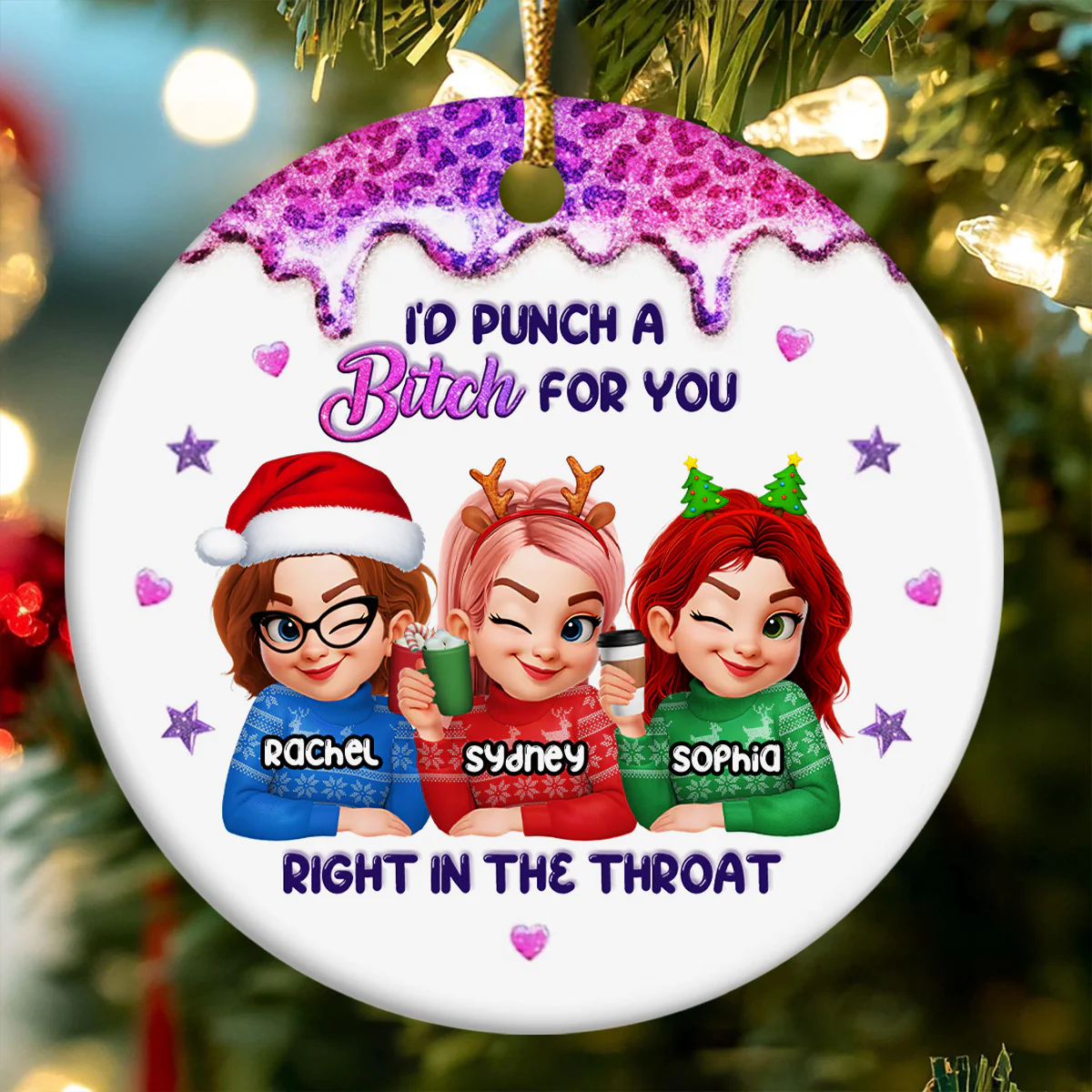 I'd Punch A Bitch For You - Personalized Round Shaped Ceramic Ornament - Image 4