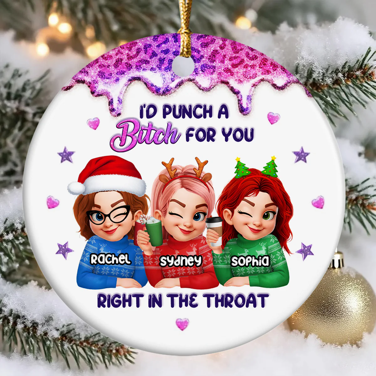 I'd Punch A Bitch For You - Personalized Round Shaped Ceramic Ornament - Image 5