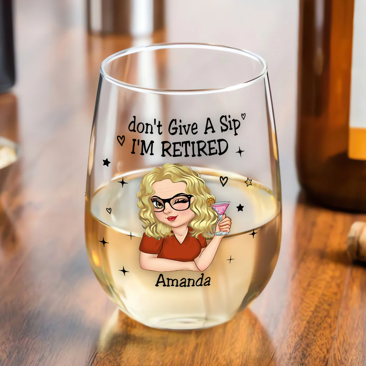 I Don't Give A Sip I'm Retired - Personalized Stemless Wine Glass - Image 4