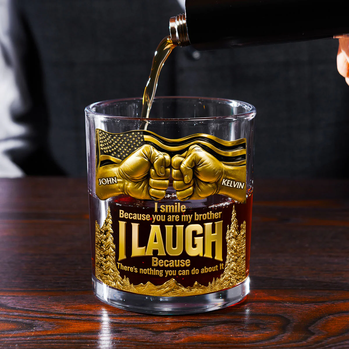I Laugh Because You Are My Brother - Personalized Round Whiskey Glass - Image 2
