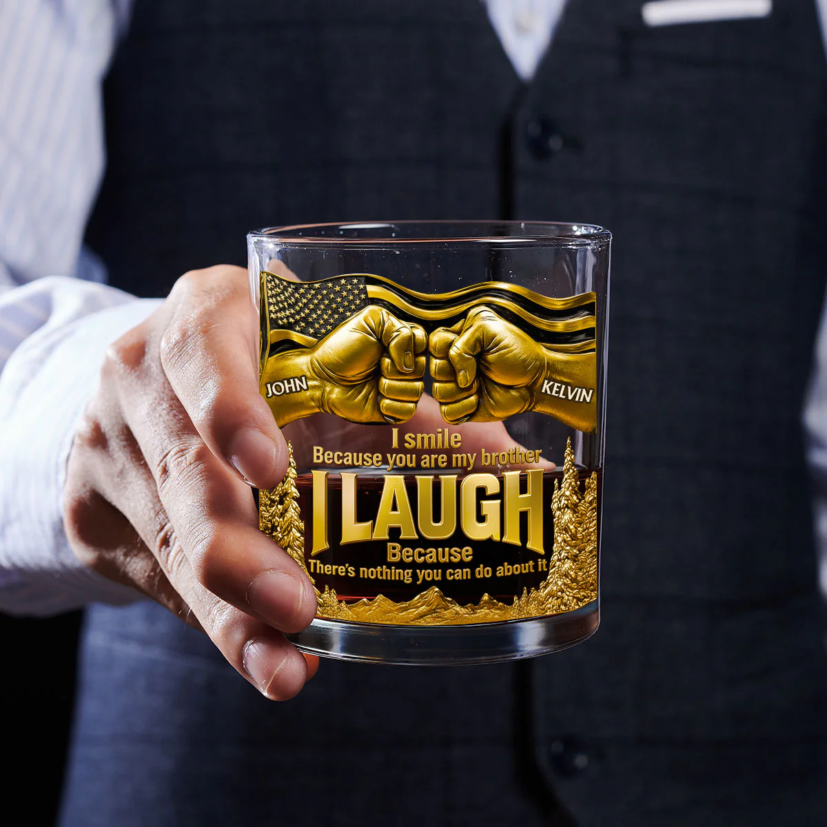 I Laugh Because You Are My Brother - Personalized Round Whiskey Glass - Image 4