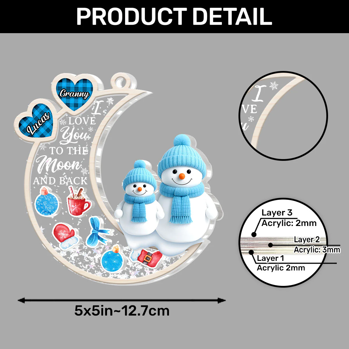 I Love You To The Moon And Back - Personalized 3 Layered Christmas Shaker Ornament - Image 6