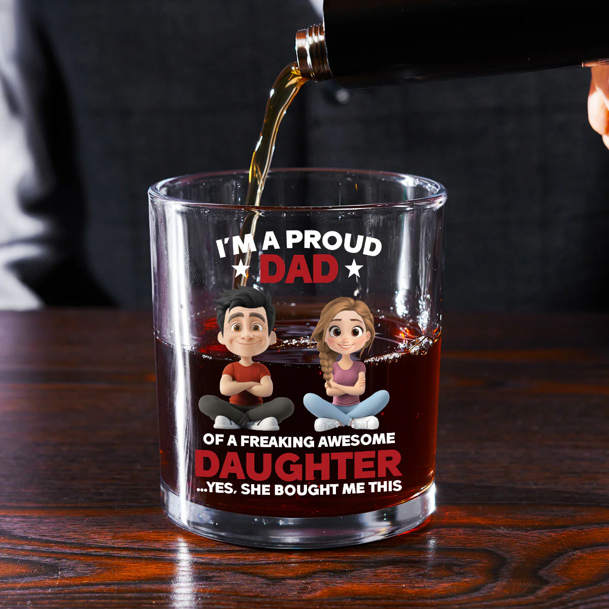 I'm A Proud Dad Of A Freaking Awesome Daughter - Personalized Round Whiskey Glass - Image 2