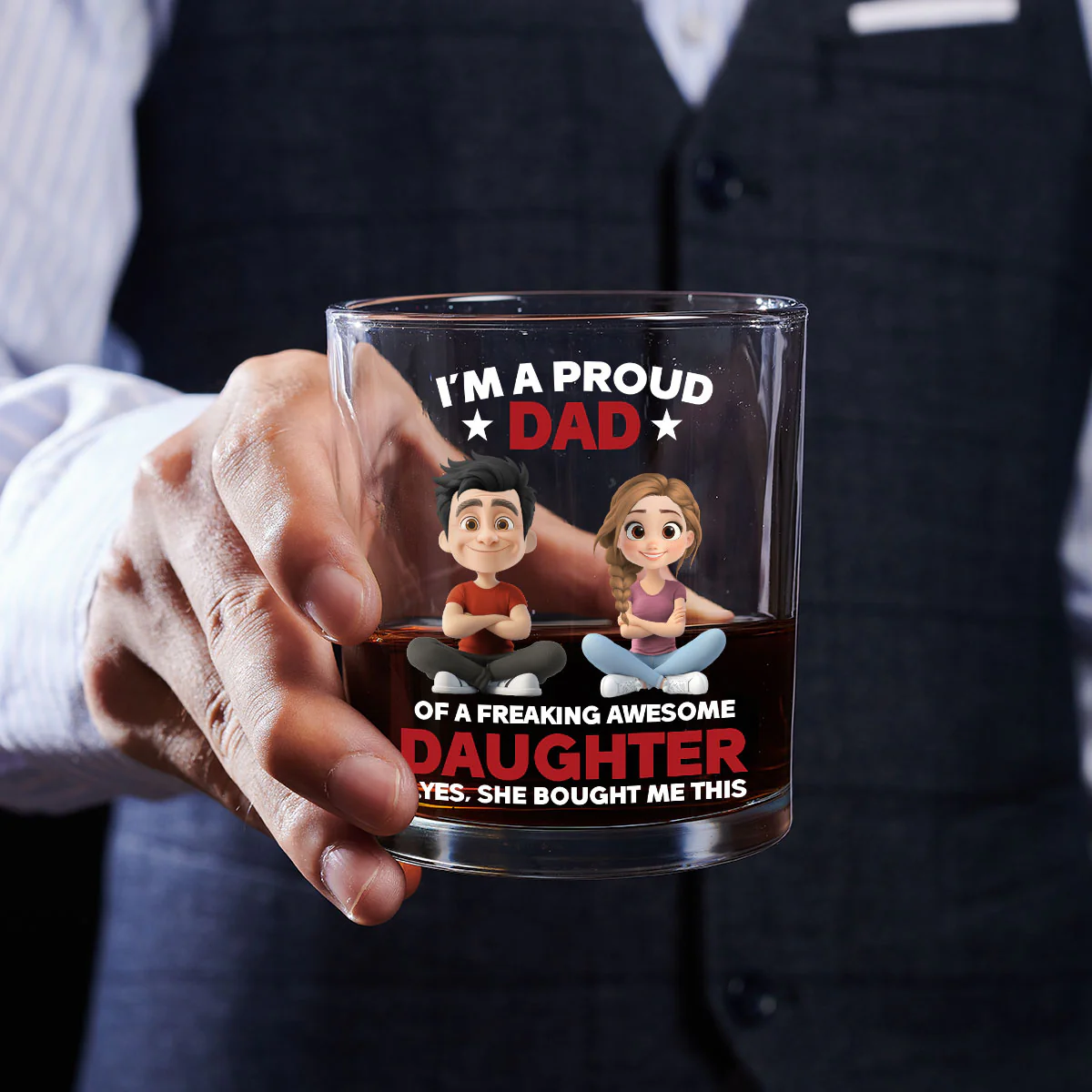 I'm A Proud Dad Of A Freaking Awesome Daughter - Personalized Round Whiskey Glass - Image 4