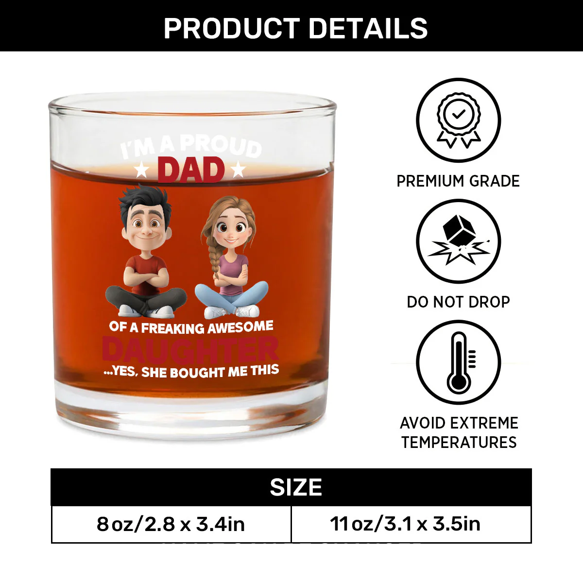 I'm A Proud Dad Of A Freaking Awesome Daughter - Personalized Round Whiskey Glass - Image 6