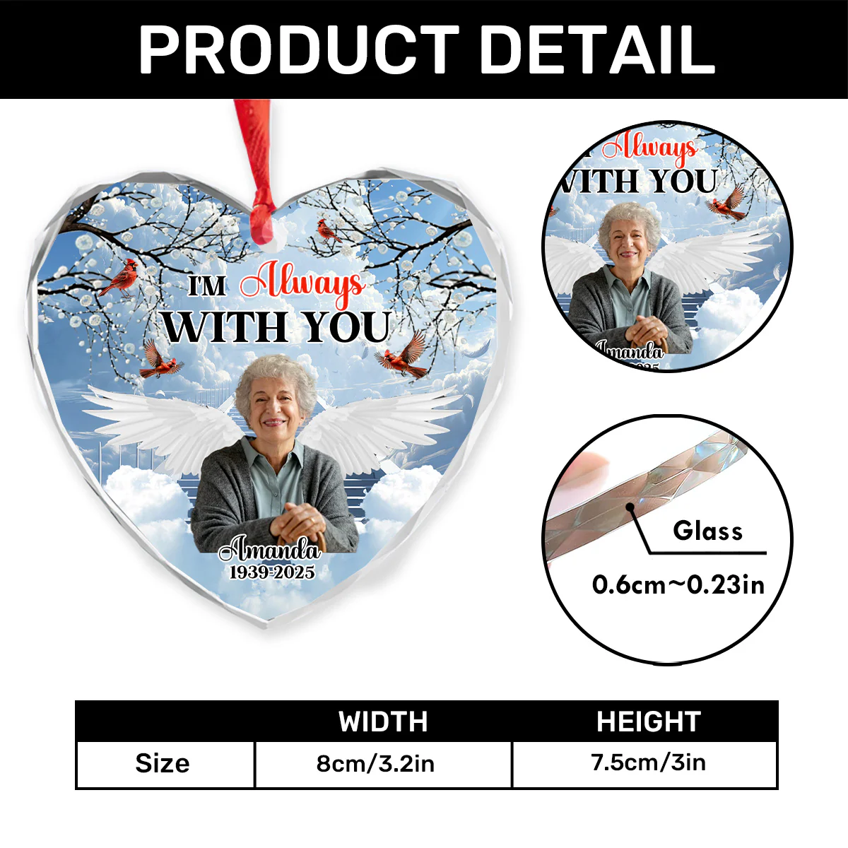 I'm Always With You - Personalized Heart Shaped Glass Ornament - Image 4