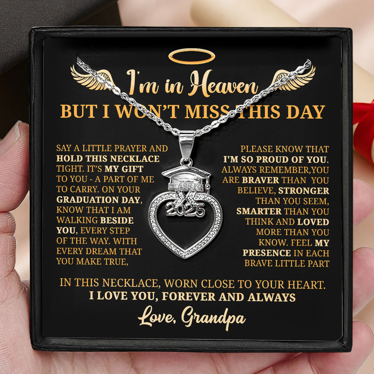 I’m In Heaven But I Won't Miss This Day - Personalized Grad Cap Heart Necklace With Box&Card - Image 3