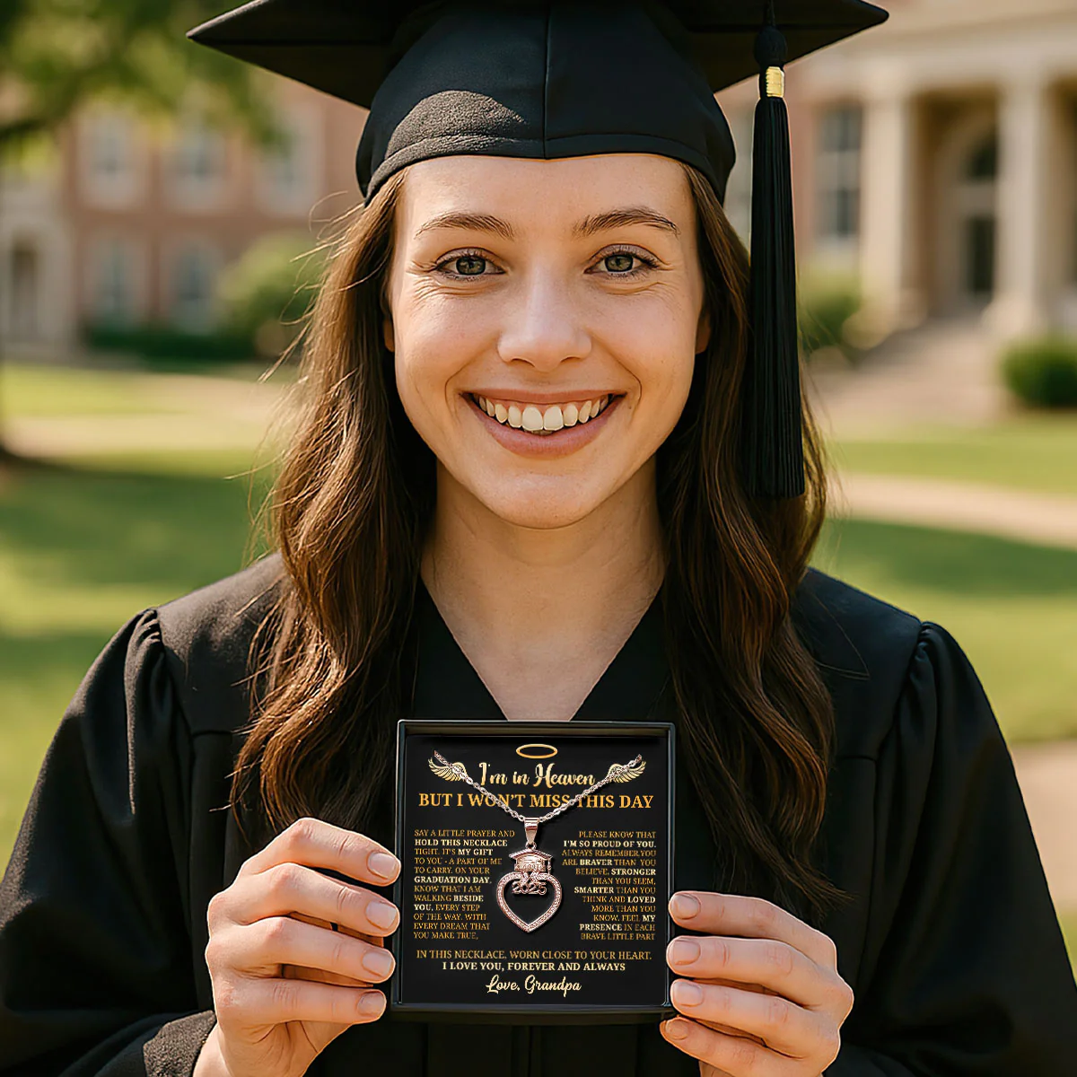 I’m In Heaven But I Won't Miss This Day - Personalized Grad Cap Heart Necklace With Box&Card - Image 4