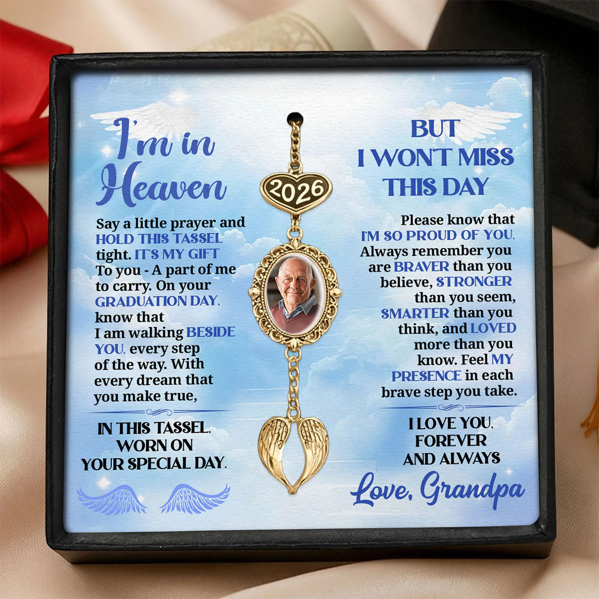 I’m In Heaven But I Won't Miss This Day  - Personalized Graduation Tassel Photo Charm With Angel Wing