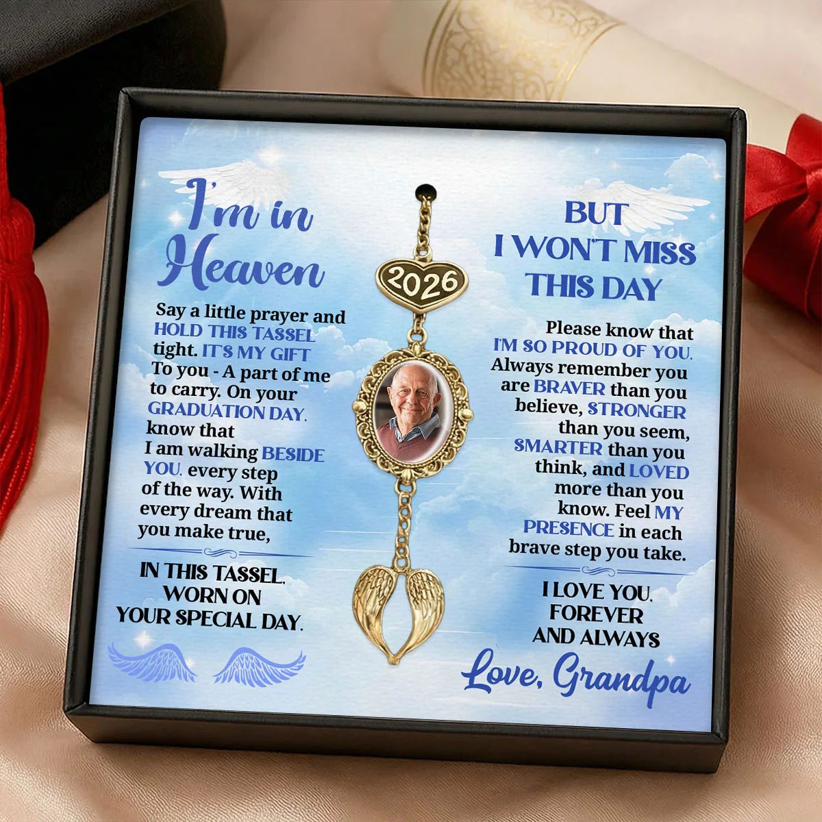 I’m In Heaven But I Won't Miss This Day  - Personalized Graduation Tassel Photo Charm With Angel Wing - Image 3