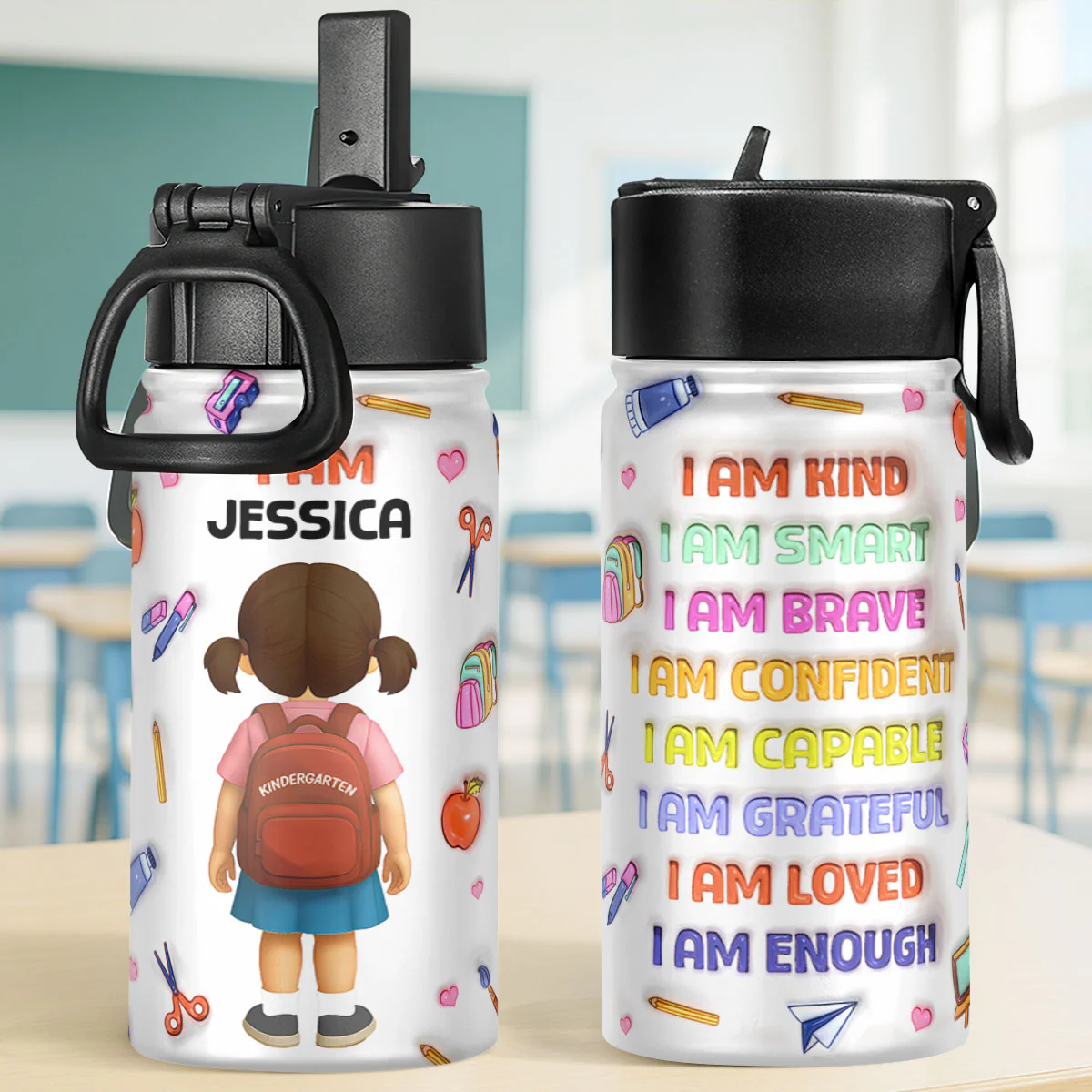 I'm Kind Back To School 3D Inflated Effect - Personalized Kids Stainless Steel Water Bottle
