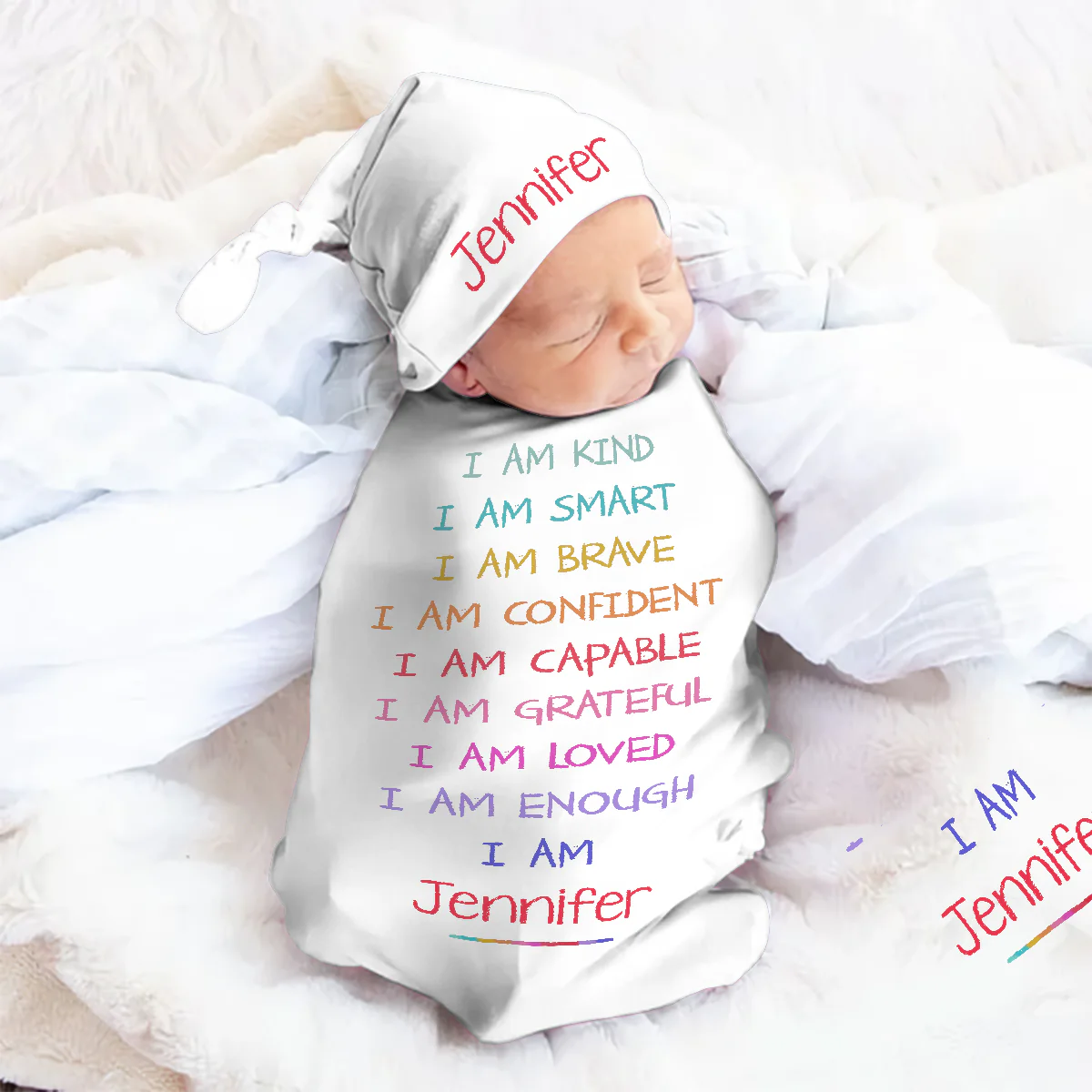 I'm Kind Smart Loved - Personalized Swaddle And Knot Hat Set - Image 2