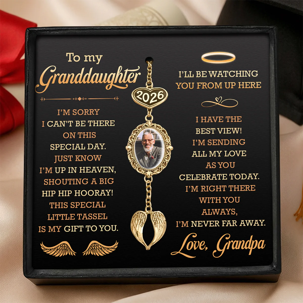 I'm Sending My Love As You Celebrate - Personalized Graduation Tassel Photo Charm With Angel Wing