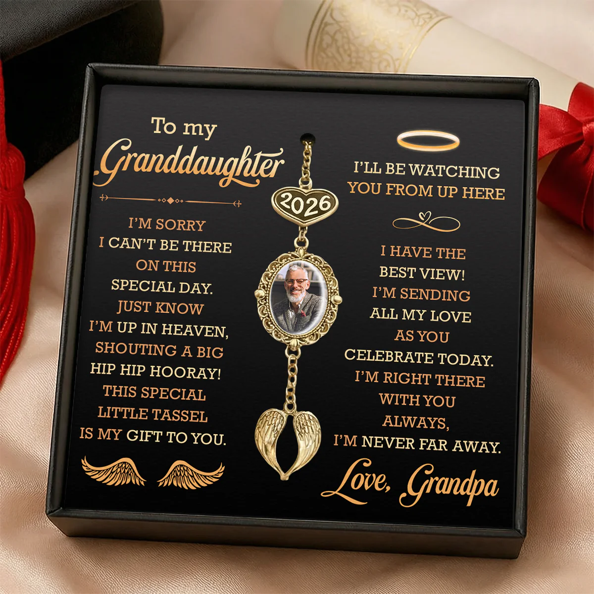 I'm Sending My Love As You Celebrate - Personalized Graduation Tassel Photo Charm With Angel Wing - Image 3