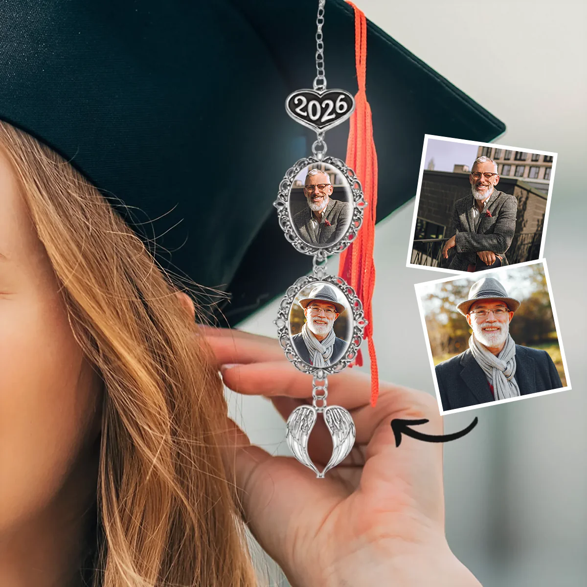 I'm Sending My Love As You Celebrate - Personalized Graduation Tassel Photo Charm With Angel Wing - Image 4