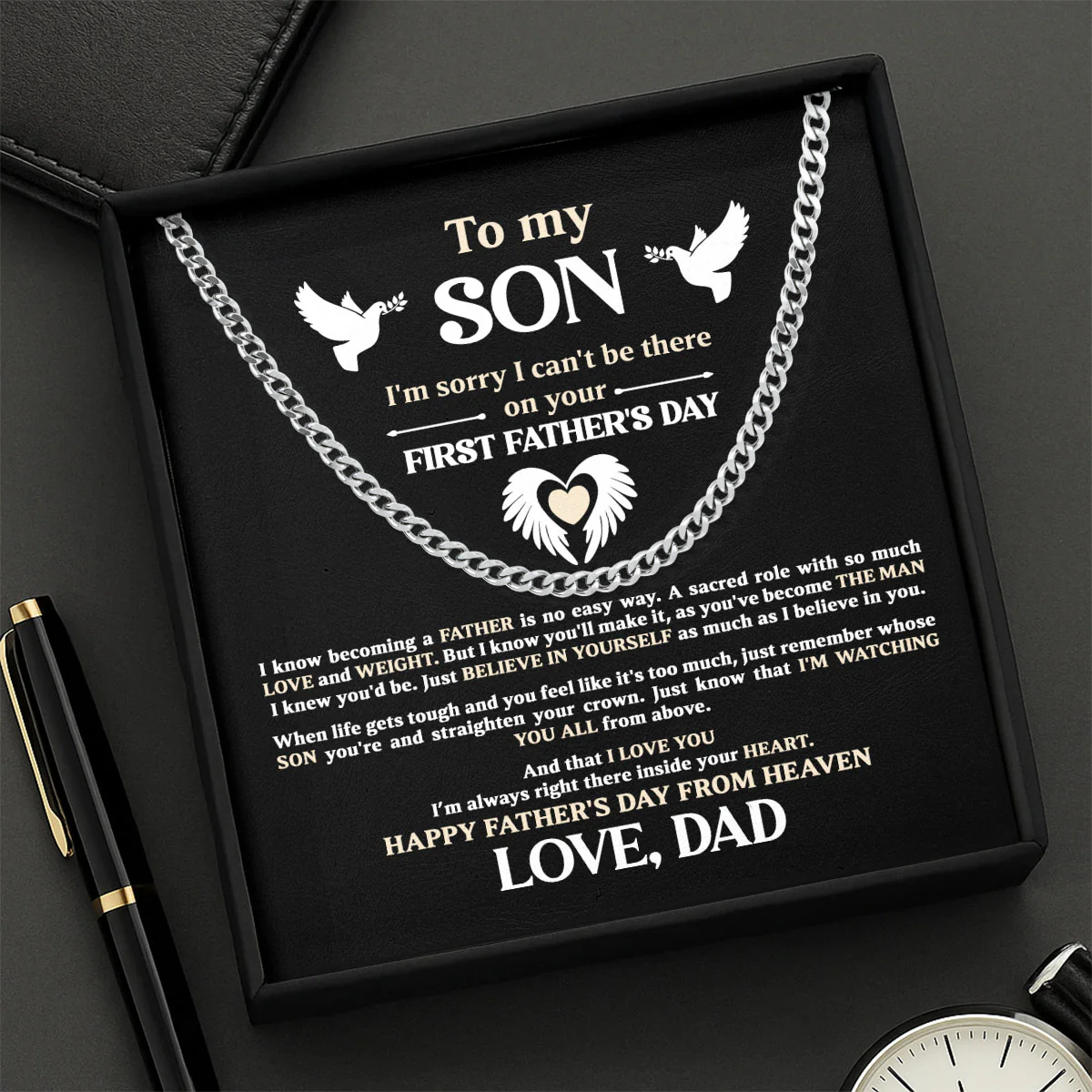I'm Sending My Love On Your First Father's Day - Personalized Men's Cuban Link Chain - Image 2