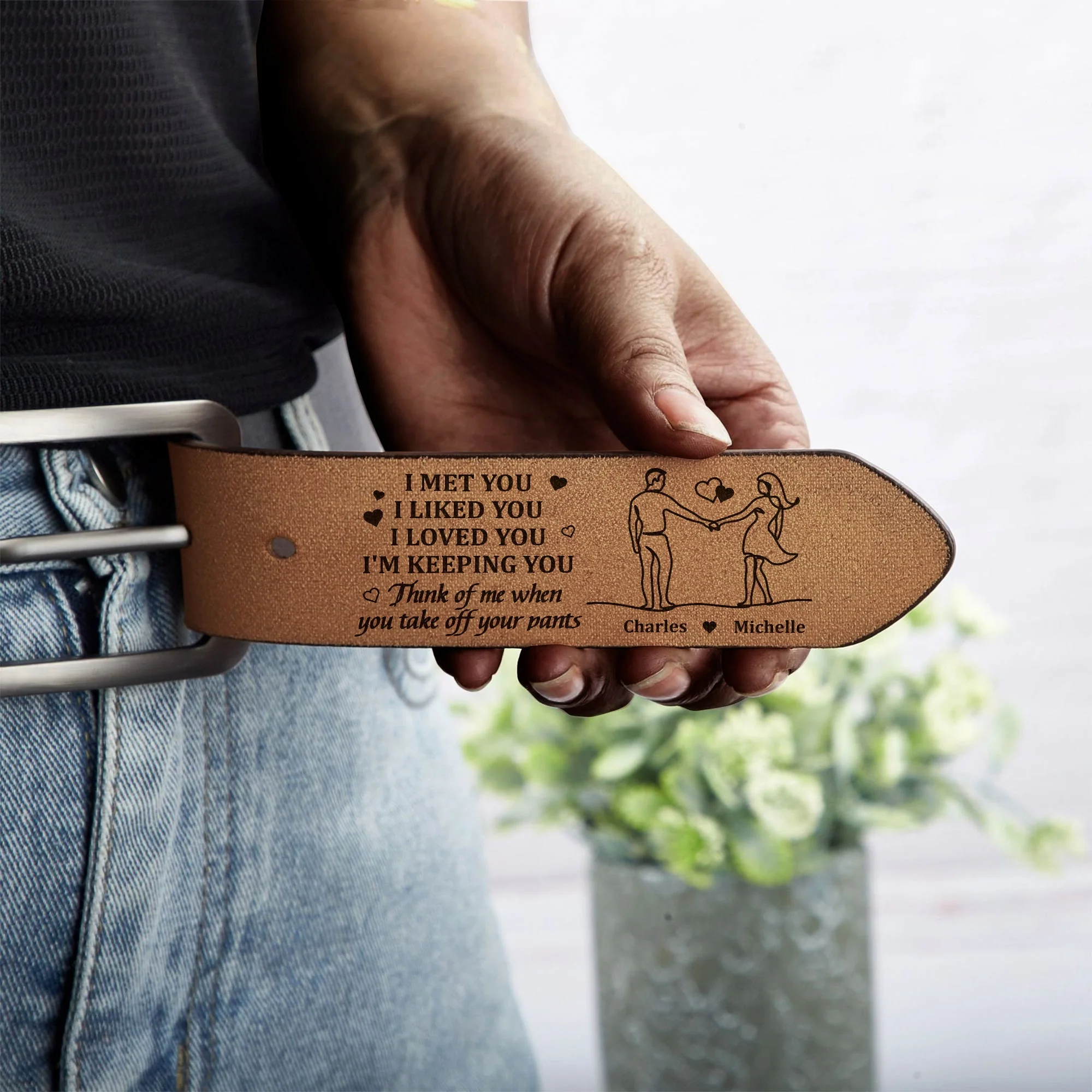 I Met You - Personalized Engraved Leather Belt - Image 4
