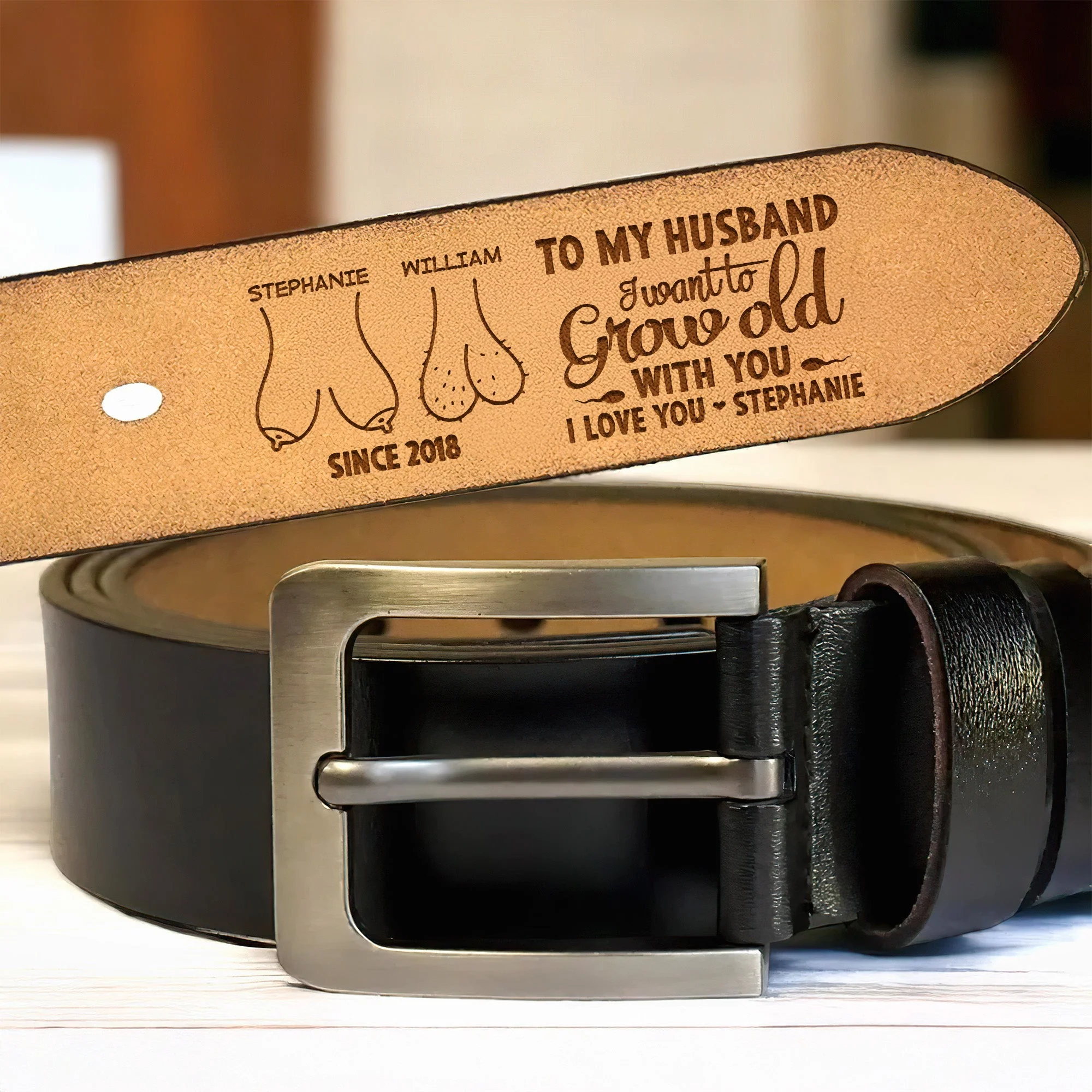I Want To Grow Old With You - Personalized Engraved Leather Belt - Image 2