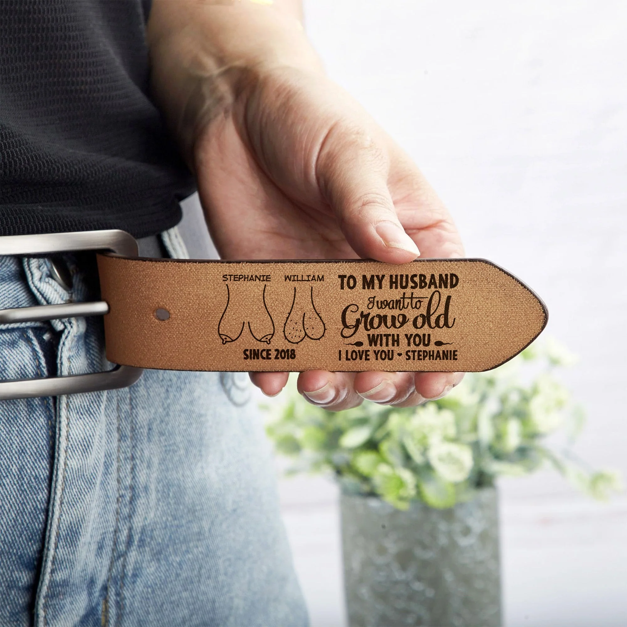 I Want To Grow Old With You - Personalized Engraved Leather Belt - Image 4
