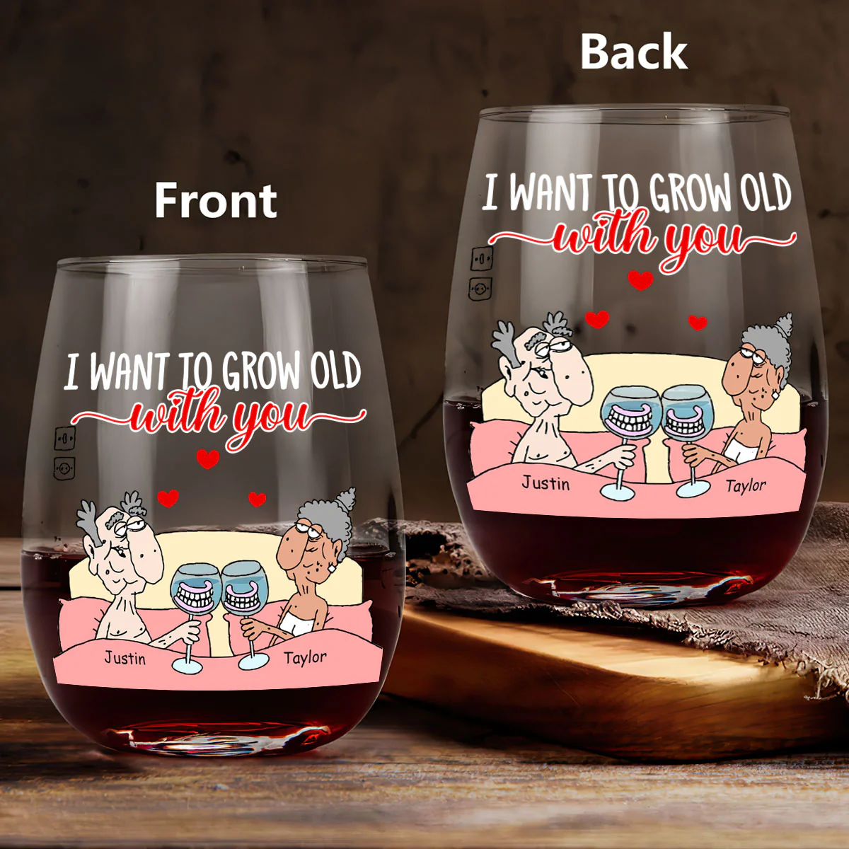 I Want To Grow Old With You - Personalized Stemless Wine Glass - Image 3
