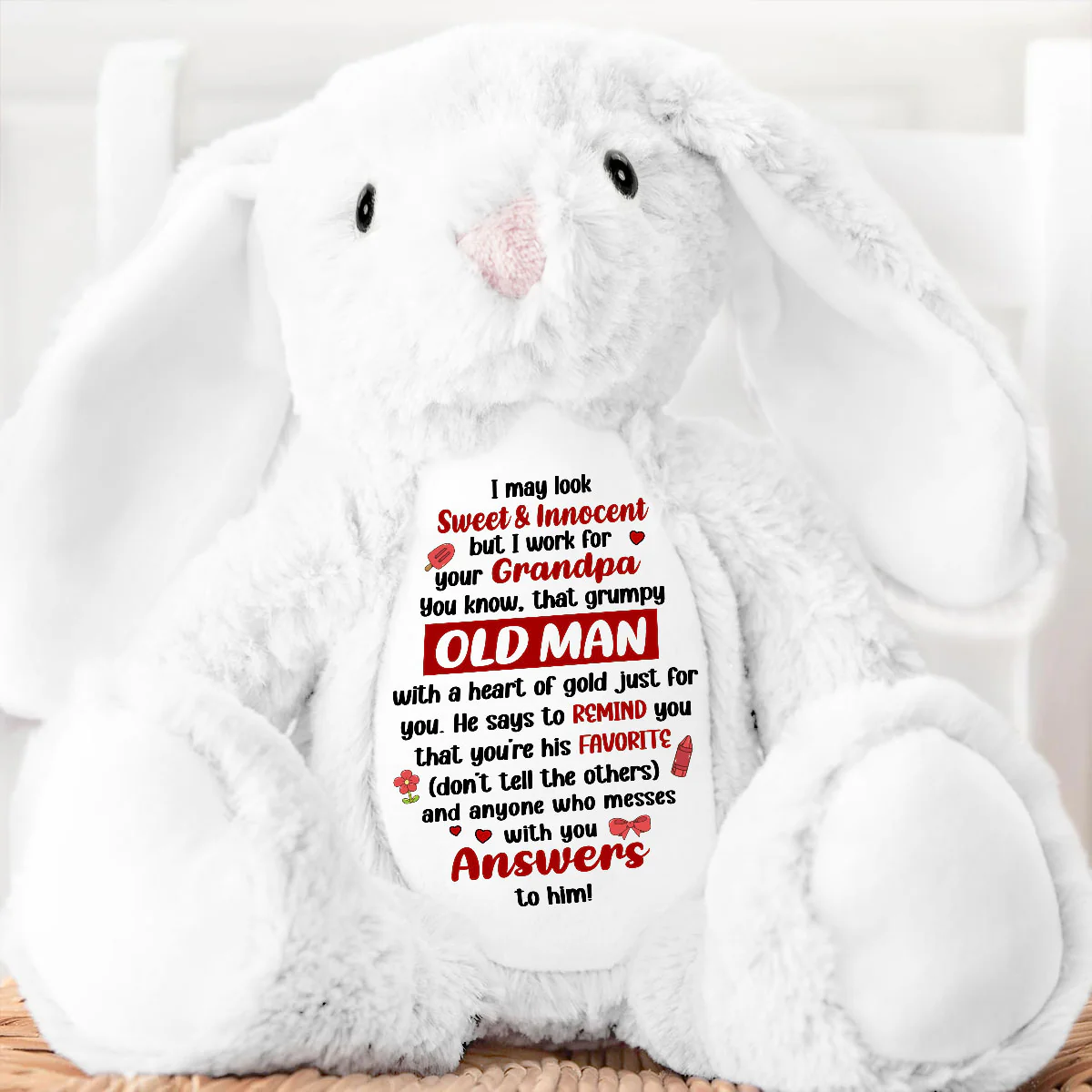 I Work For Your Grandpa - Personalized Stuffed Bunny