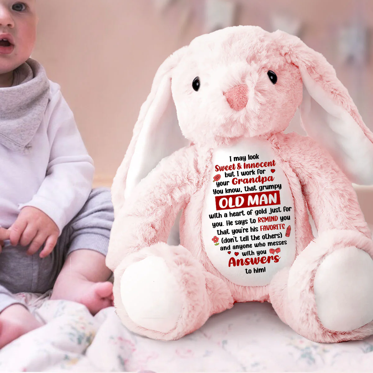 I Work For Your Grandpa - Personalized Stuffed Bunny - Image 2
