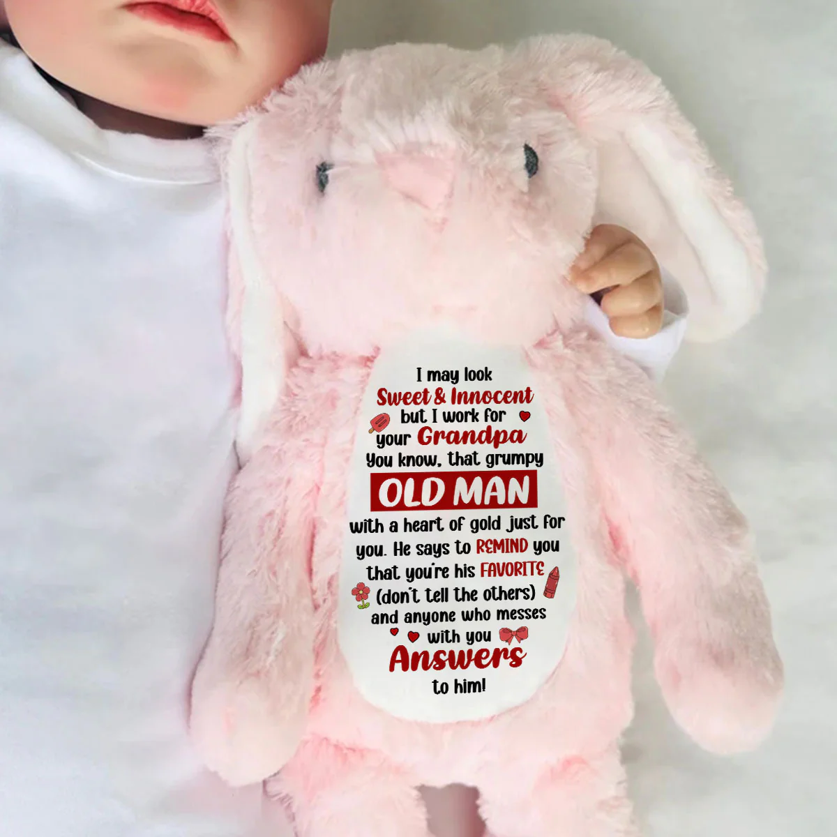 I Work For Your Grandpa - Personalized Stuffed Bunny - Image 6